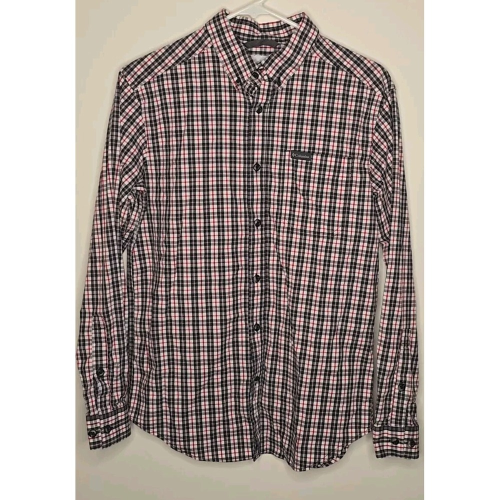Columbia Shirt Mens S Red Black Plaid Stretch Button Down Chest Pocket